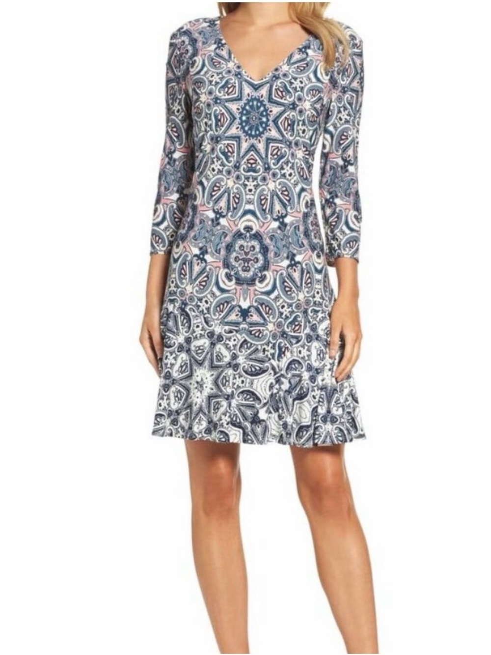 Paisley V-Neck 3/4 Sleeve A-Line Dress